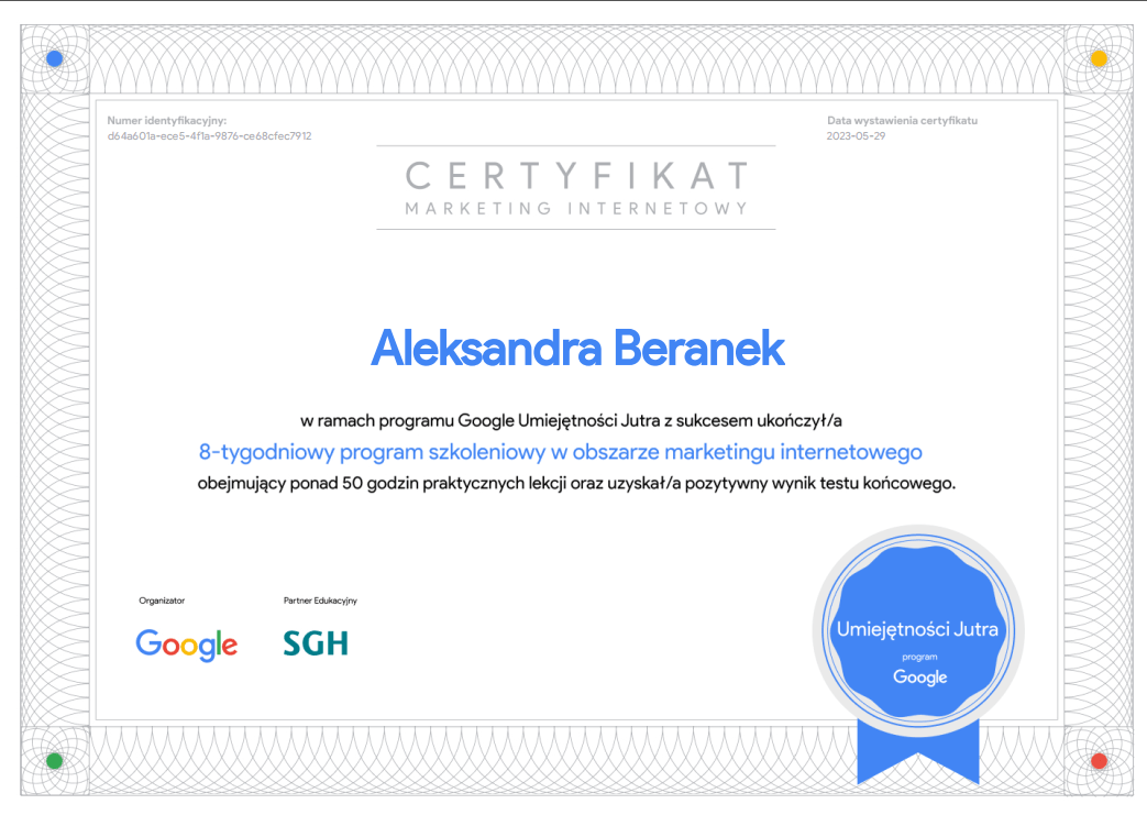 Certyfikat Google Umiejętności Jutra Aleksandra Beranek