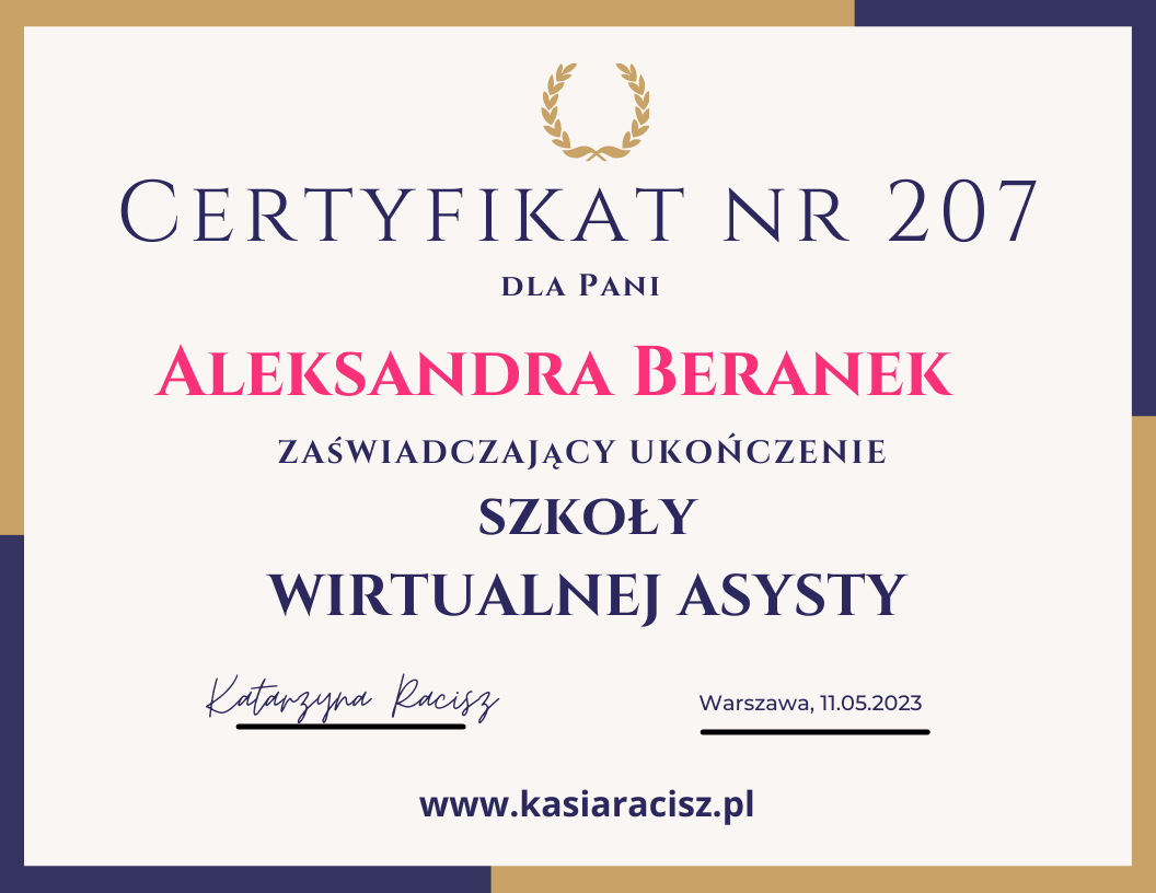 Certyfikat szkoła wirtualnej asysty Aleksandra Beranek